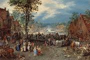 Jan Brueghel The Elder Village Scene with a Canal, oil painting on canvas